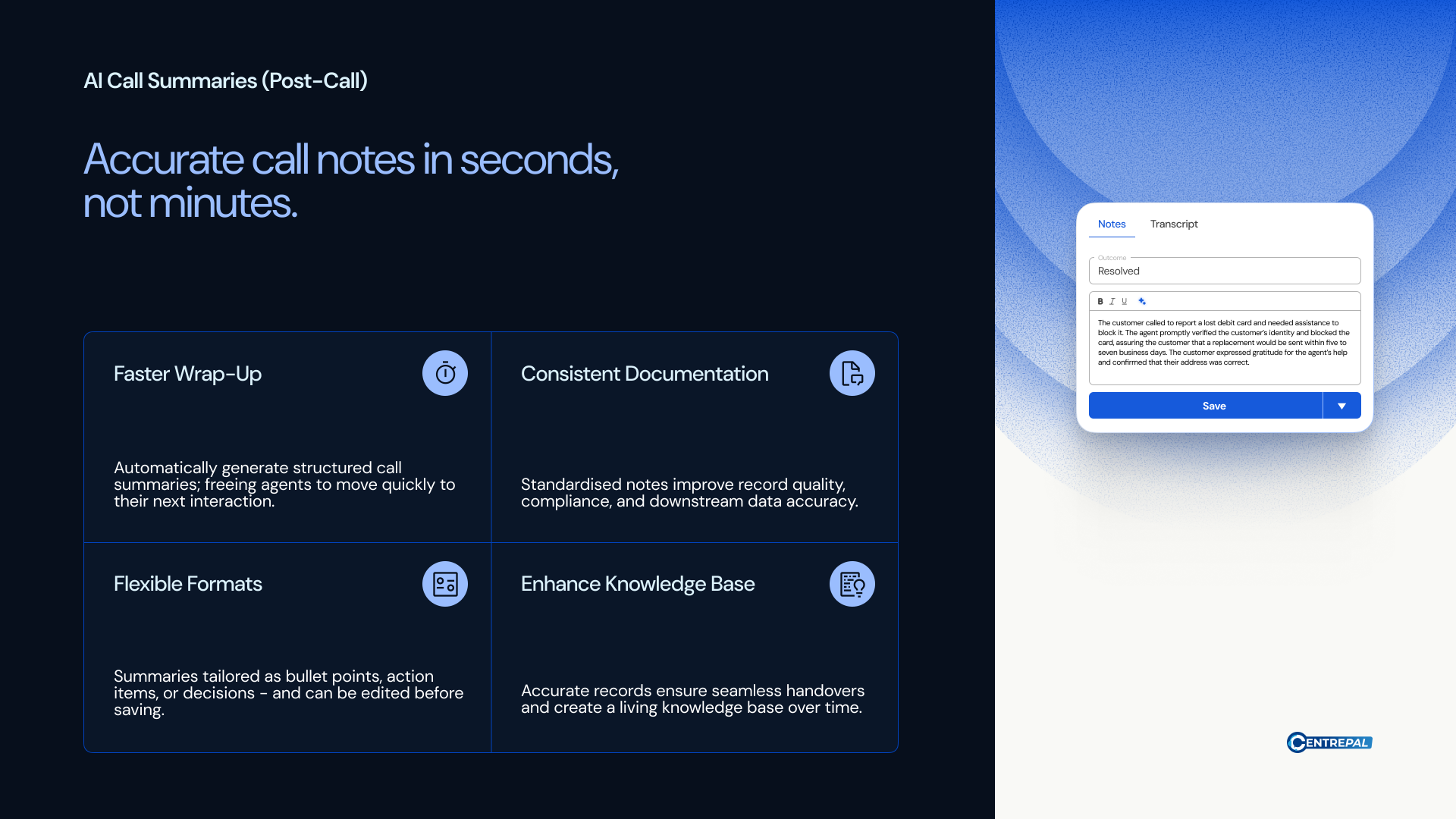 CentrePal AI Call Summaries — accurate post-call notes in seconds