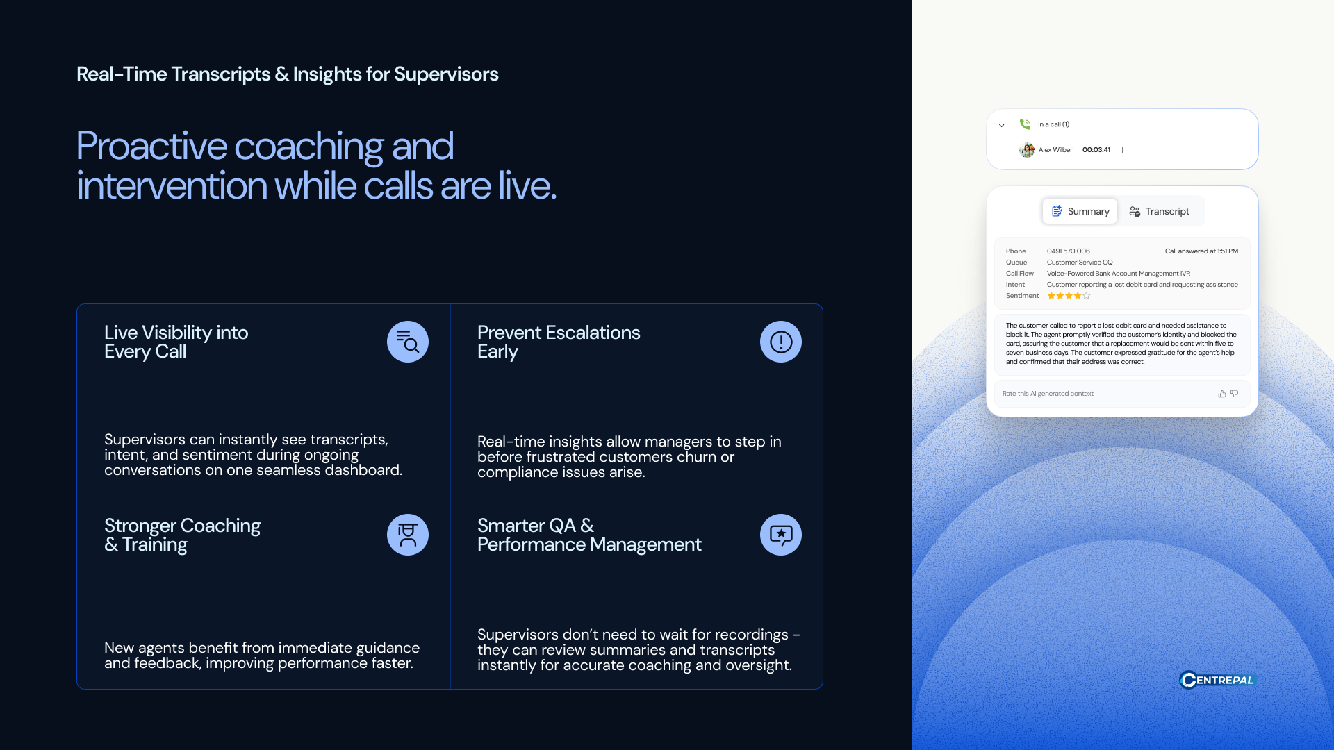 CentrePal Real-Time Transcripts & Insights for Supervisors — proactive coaching while calls are live