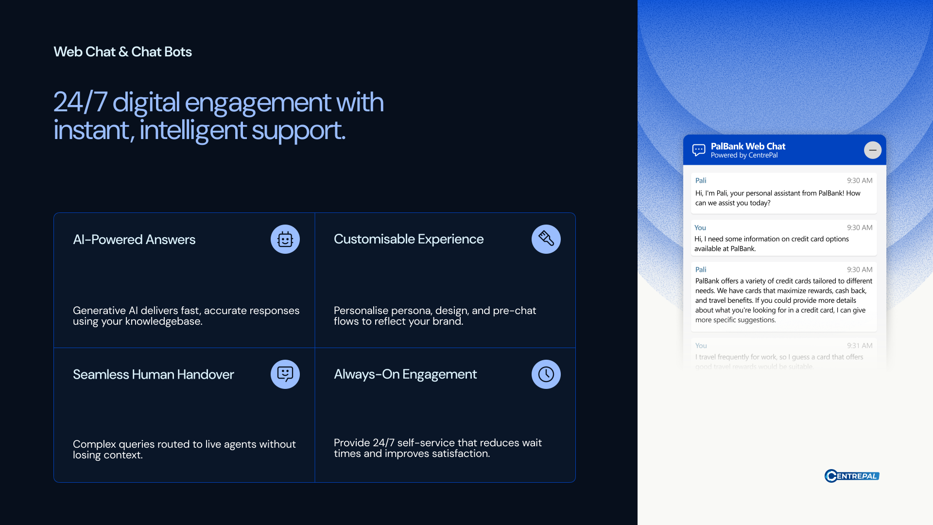 CentrePal Web Chat - 24/7 AI assistant with seamless human handover